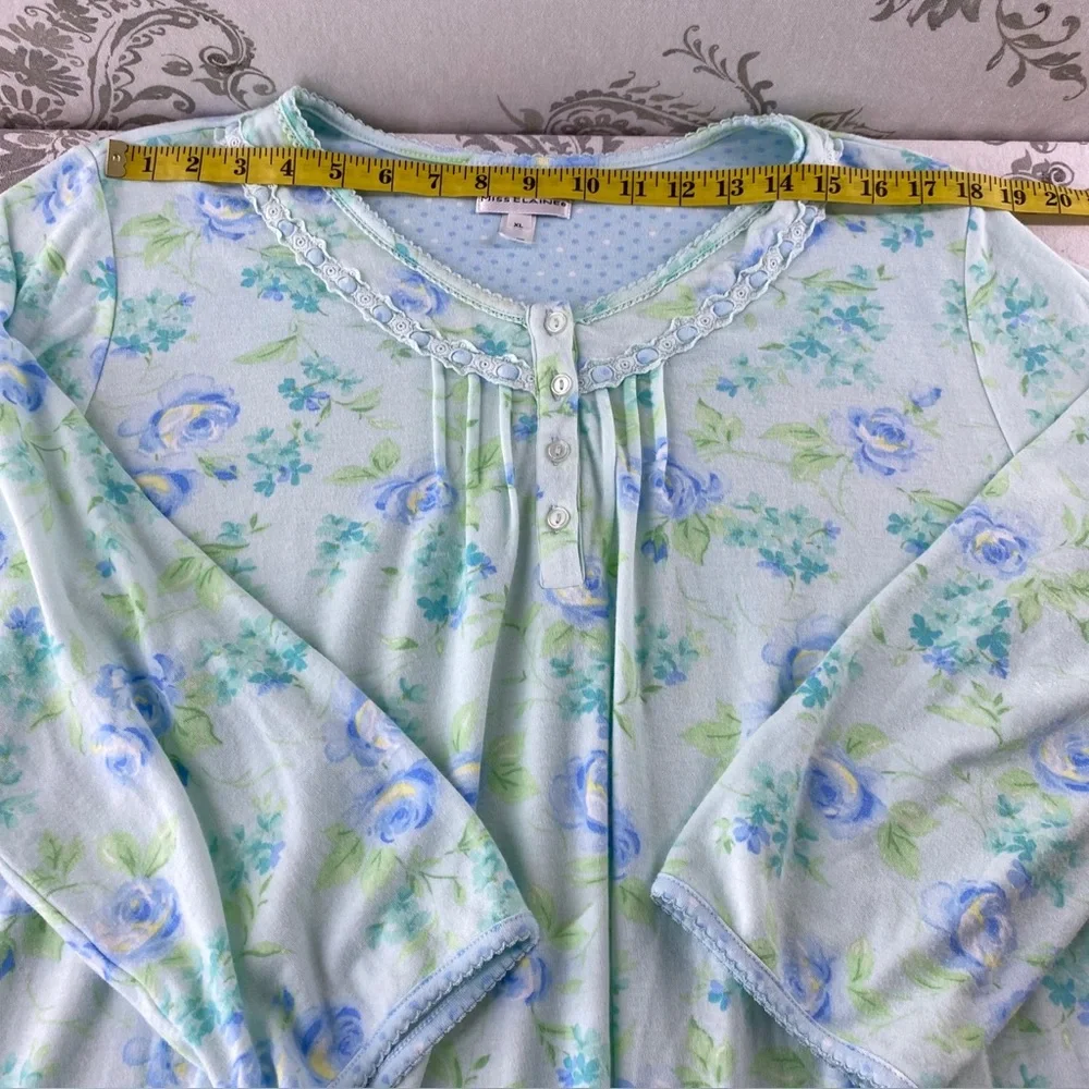 Miss Elaine‎ Long Nightgown Lace Blue Floral Long Sleeve Soft Cotton blend